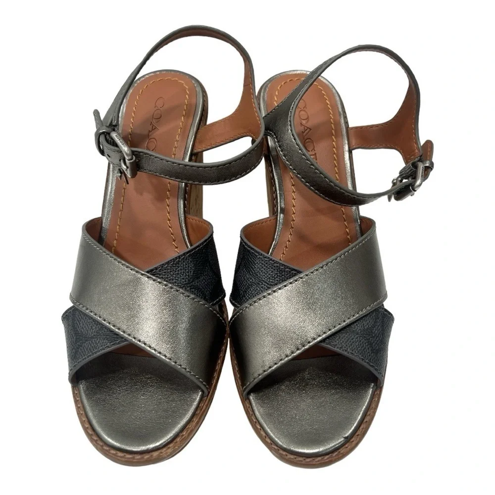 Coach Cross Band High Wedge Sandal size 8.5 B silver/tan